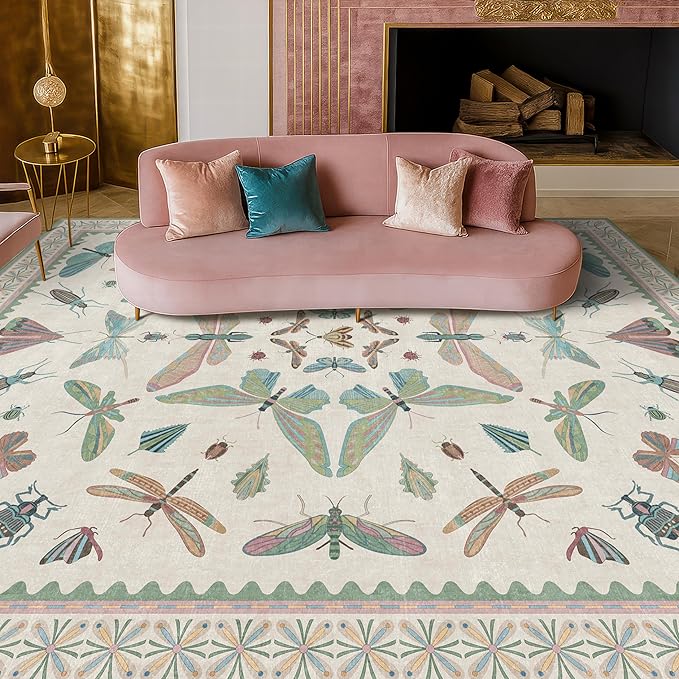 7x9 Green Butterfly Rugs for Kids Bedroom - Washable Insect Area Rug for Living Room, Dining Room Under Table, Boho Girls Room Décor, Low Pile Stain Resistant Carpet