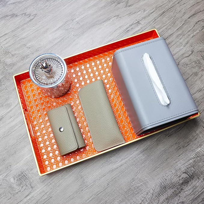 Orange Decorative Coffee Table Tray, Rectangular Plastic Serving Tray with Handles for Living Room, Ottoman, Bathroom, 15.7"*10.2"