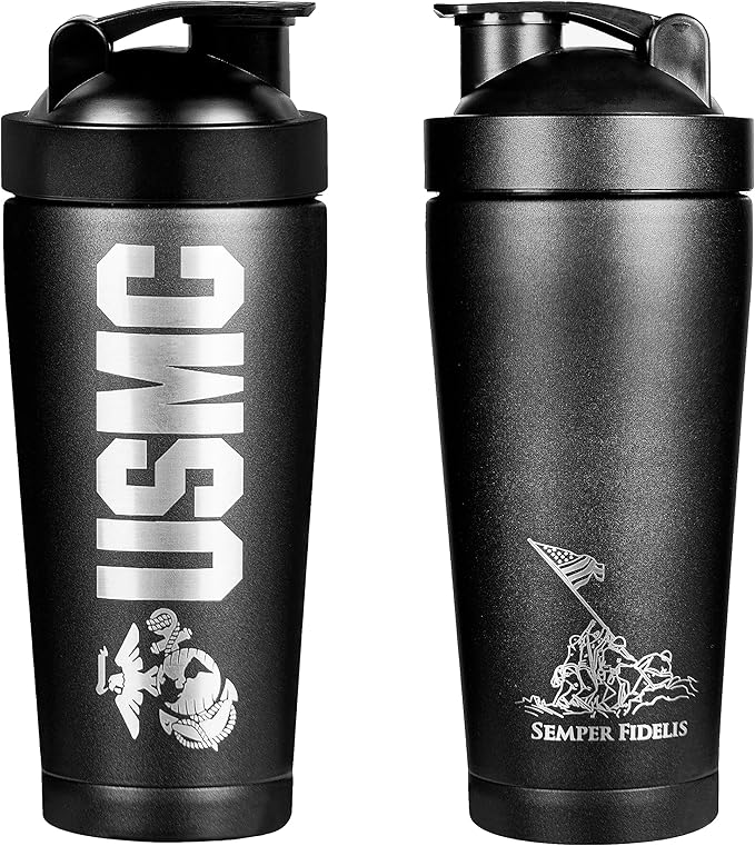 Military Gift Shop 24 oz Insulated USMC Shaker Bottle with Marine Corps Logo–24oz Water Bottle–Cup for Protein Shakes USMC Gifts | USMC Shaker Cup