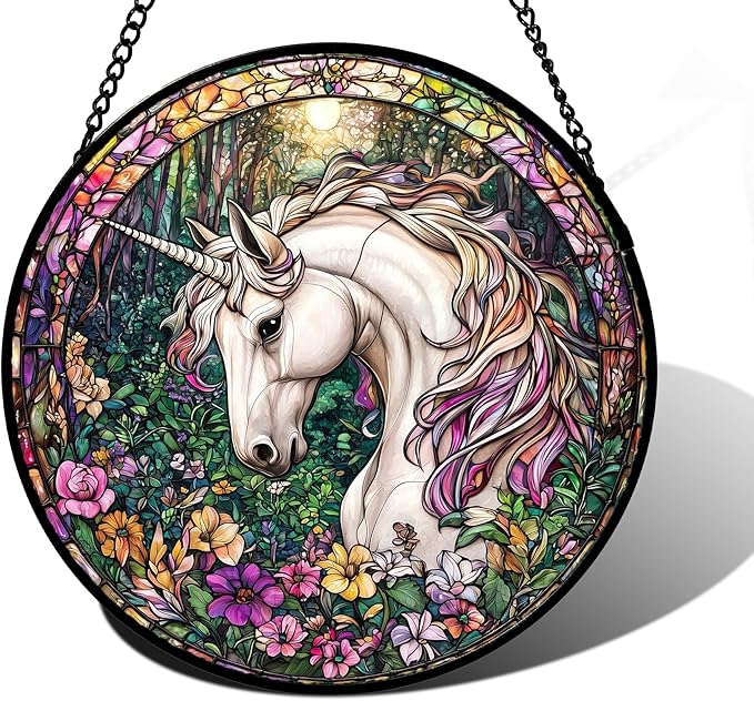 Stained Glass Window Hanging, Unicorn Flowers Suncatcher for Doors Home Sun Catchers Decoration and Christmas, Mother's Day Birthday Gifts for Women, Men, and Mom 7.8 in