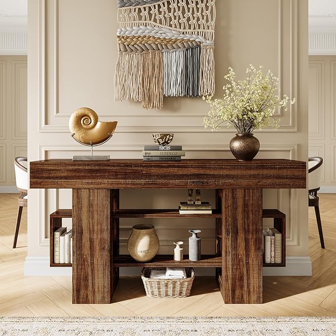 63 Inch Long Console Table for Entryway, Farmhouse Wooden Sofa Table Behind Couch with 3-Tier Storage Shelf, Narrow Entry Accent Table for Living Room, Hallway, Foyer, Rustic Brown