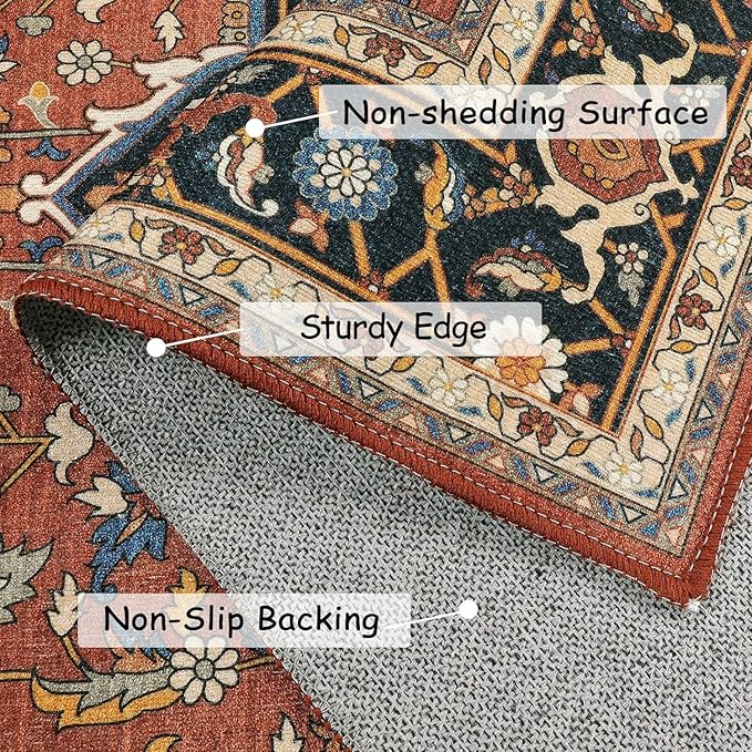 Moynesa Ultra-Thin Washable Kitchen Rugs, 2x4 Small Entryway Rug Door Mat Non Slip Stain Resistant, Oriental Throw Rug for Front Indoor Entrance Bathroom Laundry Room, Brown/Multi