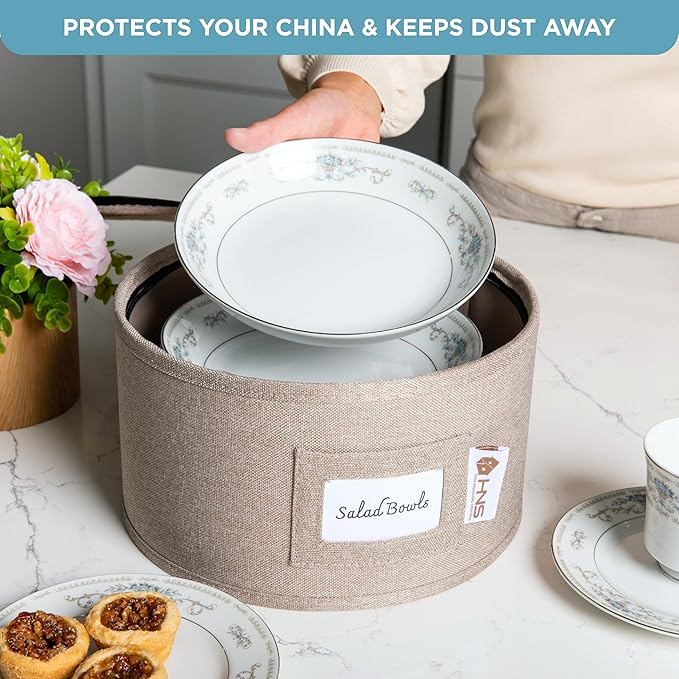 Hard Shell China Storage Containers 12-Piece Set Moving Boxes for Dinnerware, Glasses, Plates, Mugs and Saucers Sturdy Dish Organizer with Dividers for Seasonal Storage - Service for 12 - Brown