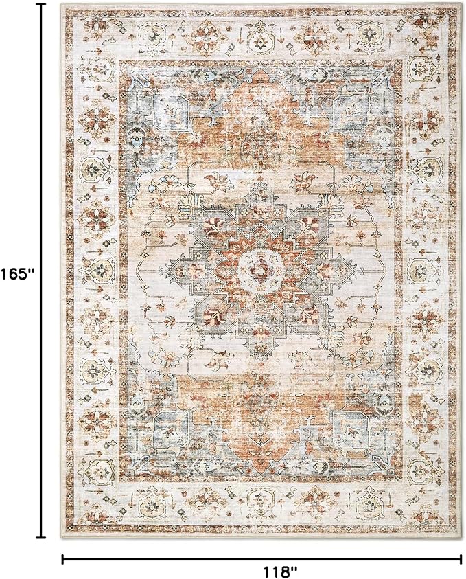 Area Rugs for Living Room 10x14 - Extra Large Machine Washable Vintage Oriental Soft Rug, Low Pile Thin Carpet with Non Slip Backing for Bedroom, Dorm, Dining Room, Indoor House, Office