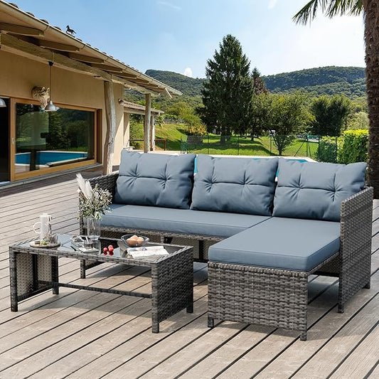 Shintenchi Outdoor Patio Furniture Sets, Wicker Patio sectional Sets 3-Piece, All Weather Wicker Rattan Patio Seating Sofas with Glass Coffee Table and Cushion (Blue Grey)