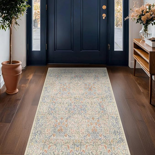 Beige Blue Washable Rugs for Living Room - 4x8 Vintage Boho Eclectic Pastel, Washable Low Pile Non Slip Area Rug for Bedroom Beside Bed, Door Mat Indoor Entrance, Kitchen, Home Floor Decor