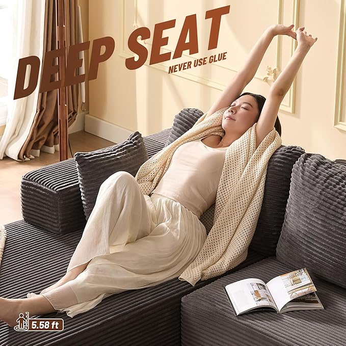 138" Boneless Couch with Deep Seat, Modular Sectional Sofa, Cloud Sectional Couch for Living Room, No Assembly Required, Corduroy, U-Shape 4 Seater Left, Gray