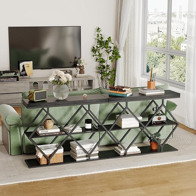 Garvee 3-Tier Entryway Table, Industrial Console Sofa Table with Storage, Accent Table with Open Shelves, Diamond-Shaped Metal Frame, Foyer Table for Entryway, Hallway, Black