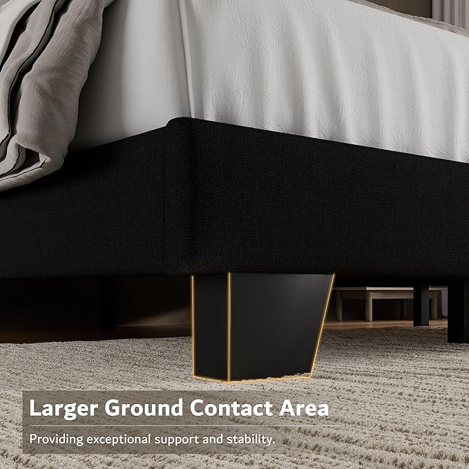 iPormis Queen Platform Bed Frame with Fabric Upholstered Headboard & Thickened Legs, Mattress Foundation with Solid Wooden Slats Support, No Box Spring Needed, Noise Free, Black