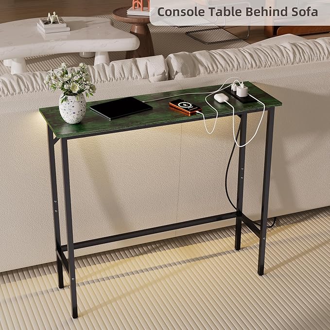 Narrow Console Table with Led Light and Charging Station，29.5" Small Entryway Table，Display Table，Entryway Hallway Thin Sofa Table Behind Sofa, Small Spaces, Living Room, Green and Black