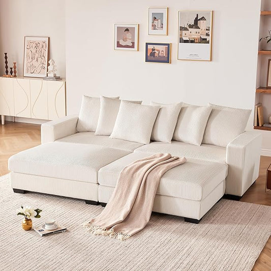 101.6" Deep Seat Corduroy Sectional Couches for Living Room, Comfy Upholstered Modular Sectional Sofa Bed, Cloud Couch with Thickened Cushions Widened Armrests,2 Seats + 2 Ottoman, Beige