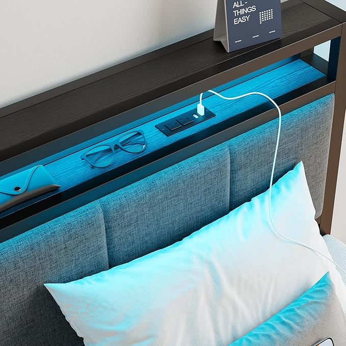 Twin Bed Frame with Charging Station and LED Lights,Upholstered Headboard with Storage Shelves,Heavy Duty Metal Slats, No Box Spring Needed,Noise Free, Easy Assembly,Black and Dark Grey