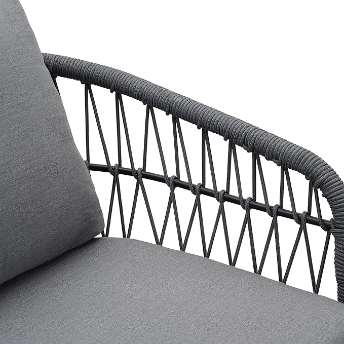 Wisteria Lane Boho Patio Furniture, 5 Piece Outdoor Furniture Set with Rope Woven Design, Rope Sofa Chair with Nesting Coffee Table for Garden, Balcony, Porch, Grey