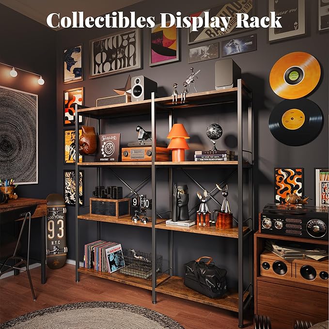 Huuger 4 Tier Bookshelf, L Shaped Corner Bookshelf with 8 Open Shelves, 49.4 Inch Straight Wide Bookcase with Metal Frame and Wooden Board, Adjustable Feet, Rustic Brown