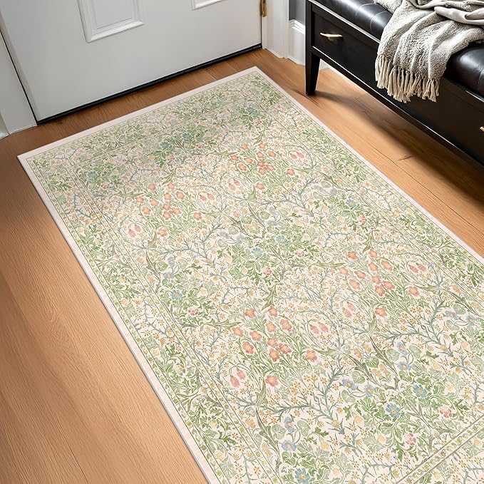 Washable Neutral Floral Living Room Rug, 3x5 Area Rugs for Bedroom, Nursery, Kitchen, Large Entryway, Vintage Non-Slip Throw Rug Low Pile Stain Resistant (3x5 Garden Green)