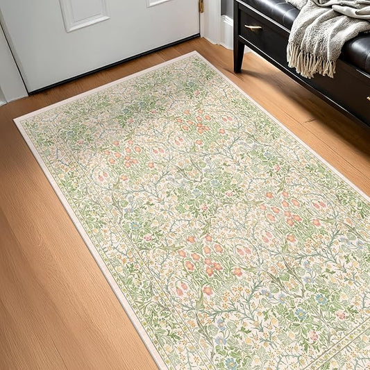 Washable Neutral Floral Living Room Rug, 3x5 Area Rugs for Bedroom, Nursery, Kitchen, Large Entryway, Vintage Non-Slip Throw Rug Low Pile Stain Resistant (3x5 Garden Green)