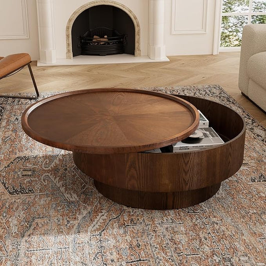 Round Coffee Table with Storage 30.7'' Modern Luxury Circle Drum Coffee Tables Farmhouse Rustic Wood Coffee Table Circle Pedestal Center Table for Living Room Apartment (Brown)