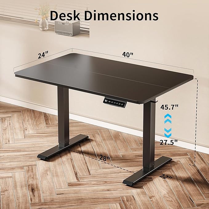 BIZUM 40x24 Inch Electric Standing Desk with Memory Presets, Quiet Motor Height Adjustable Stand Up Desk for Home Office & Gaming, Ergonomic Sit Stand Workstation，Black