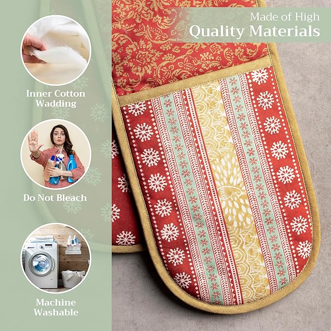 Maison d' Hermine Double Oven Mitt (7" x 35") 100% Cotton Heat Resistant BBQ Cooking Gloves with Loop for Thanksgiving Christmas Decorations Baking Cooking Barbeque Handling Hot Pan (Sofia)