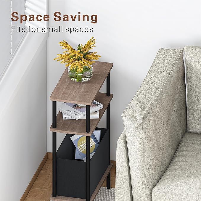 Narrow Side Table with Fabric Basket, End Table for Small Spaces, Slim Nightstand with 3-Tier Storage Shelf, Sofa Beside Table, for Living Room, Bed Room, Natrual Walnut
