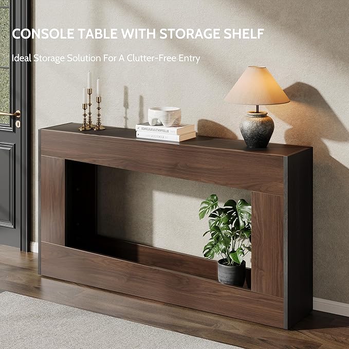 63-Inch Wood Console Table, Long Entryway Table with Storage Shelf, Farmhouse Narrow Sofa Table Behind The Couch for Living Room, Entryway, Hallway (Brown & Black)