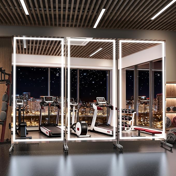 Hasipu Home Gym Mirror with Light 360° Swivel on Wheels, 79" x 40" Extra Large Full Length Rolling LED Mirror for Yoga Studio, Bedroom, Dancing Studio, White