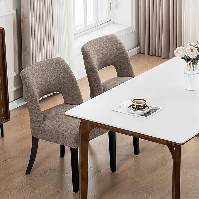 VKNOW Wooden Dining Chairs Set of 4, Modern Fabric Upholstered Dining Room Chair Kitchen Chairs, Farmhouse Dinner Chair for Kitchen Dining Room, Brown-Black Legs