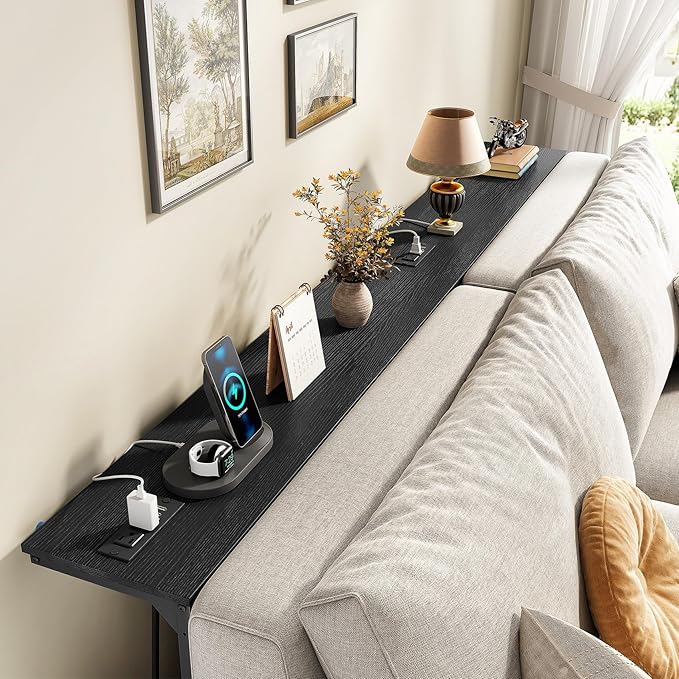 Kitstorack 2-Pack Black Console Table, 7.9" Deep Panel, Adjustable Height (25"-33") & with 2 Power Outlets, Behind Sofa Couch Table, Use Together or Separately - 79" L