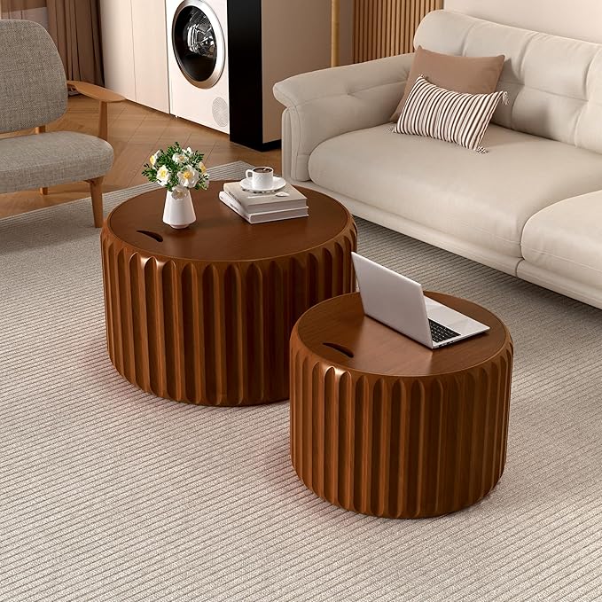 Round Nesting Coffee Table Set of 2, Round Fluted Coffee Tables with Storage for Living Room Modern Nesting End Side Tables for Small Spaces (A Storage Walnut)