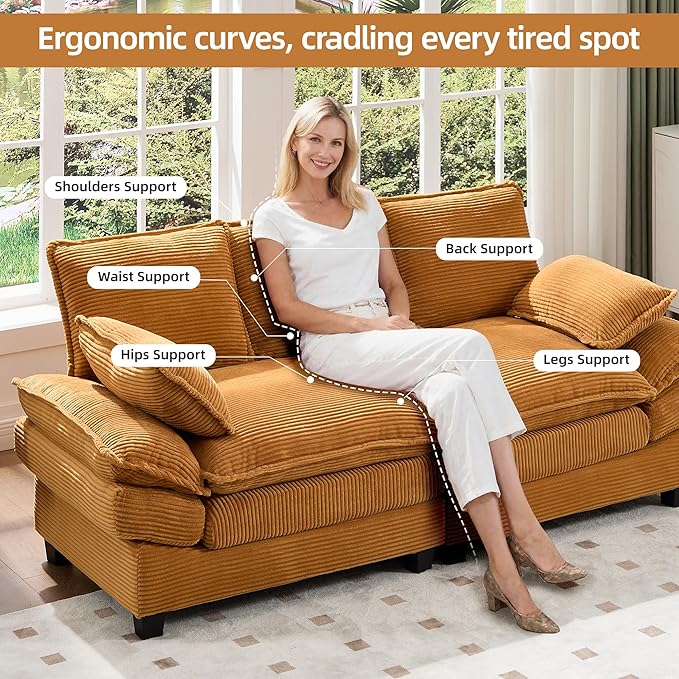 83" Loveseat Sofa, Cloud Couches for Living Room, Comfy Corduroy Couch with Deep Seat, Love Seat Couches for Bedroom, Apartment and Office, Easy Assemble for Small Space (Yellow)