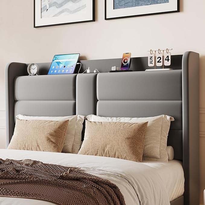 SHA CERLIN Full Size Bed Frame with Charging Station & Storage Headboard, Velvet Platform Bed with Upholstered Modern Wingback Design, Wooden Slats Support, No Box Spring Needed, Easy Assembly, Grey