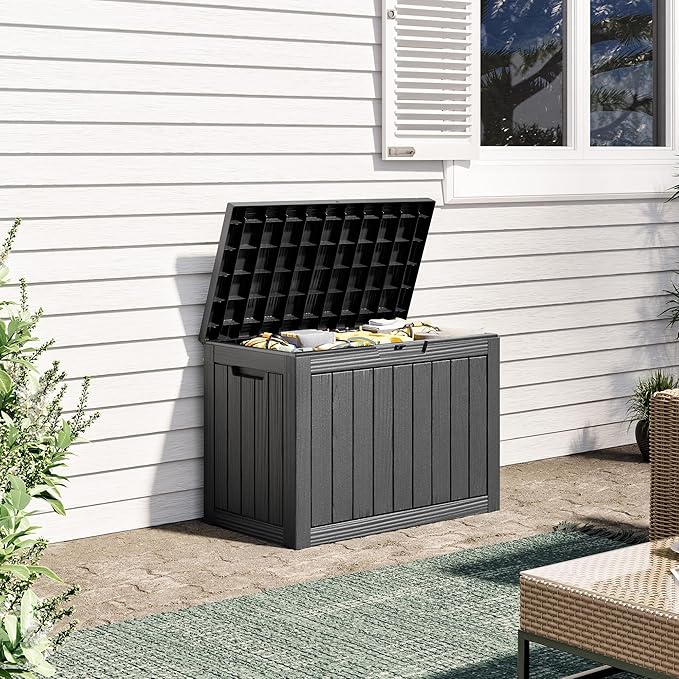 Outdoor Storage Box, Weather-Resistant Resin Deck Box for Patio, Balcony, Holds Garden Tools & Cushions (45 Gallon, Black)