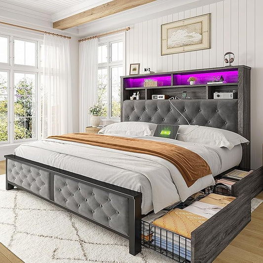 EnHomee Full Size Bed Frame with 4 Storage Drawers and Headboard Upholstered,Wooden Full Bed Frame with Charging Station and LED Light,NO Noise,No Box Spring Needed,Gray