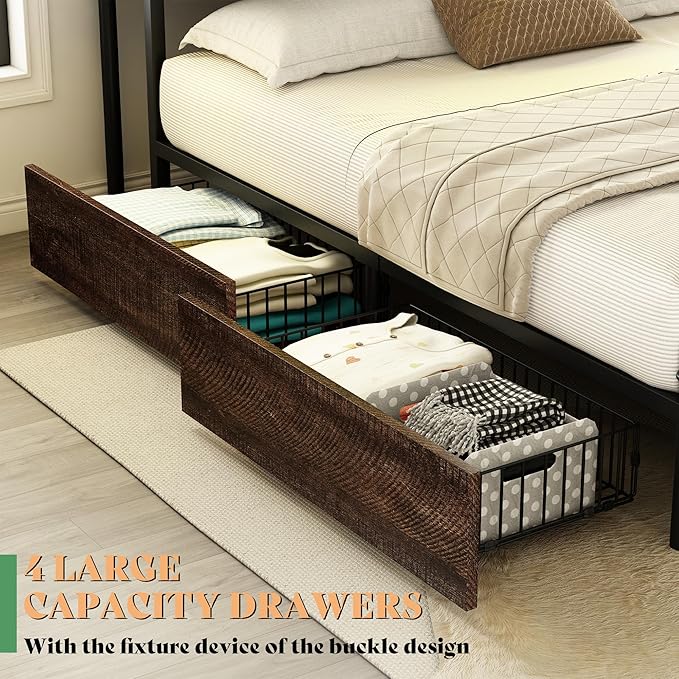 AMERLIFE Queen Size Bed Frame with Bookcase Headboard, 4 Storage Drawers, Wooden Platform Bed with Charging Station & LED Light, No Box Spring Needed, Noise-Free, Rustic Brown