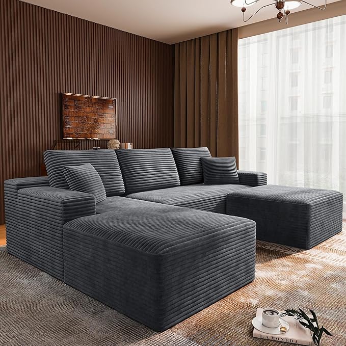 3-Piece Boneless Modular Sectional Sofa, Cloud Couch, Left Facing Chaise with Ottoman, Oversized Deep Seat, Soft Corduroy Fabric, Sectional Couch for Living Room-Grey