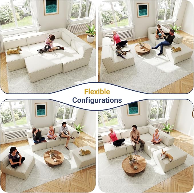 38“ Modular Sectional Sofa Convertible Cube Compressed Couch Seat Set, Combine L-Shaped U-Shaped, Free Assembly, Space-Saving for Living Room, Thick Foam Fabric Chenille Beige White (Only Ottoman)