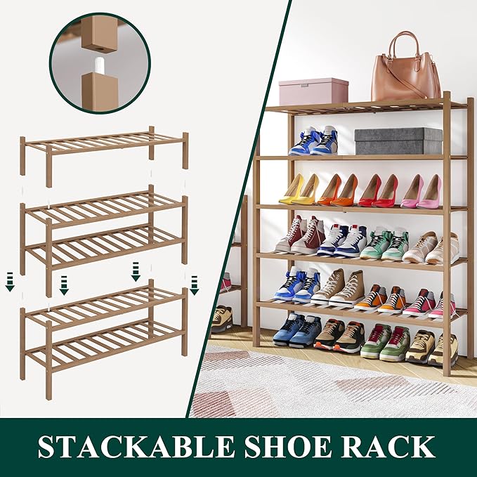 Smiry Shoe Rack, 6 Tier Thick Bamboo Shoe Organizer, Stackable Free Standing Wooden Shoe Storage Shelf for Closet, Entryway, Front Door Entrance, Walnut