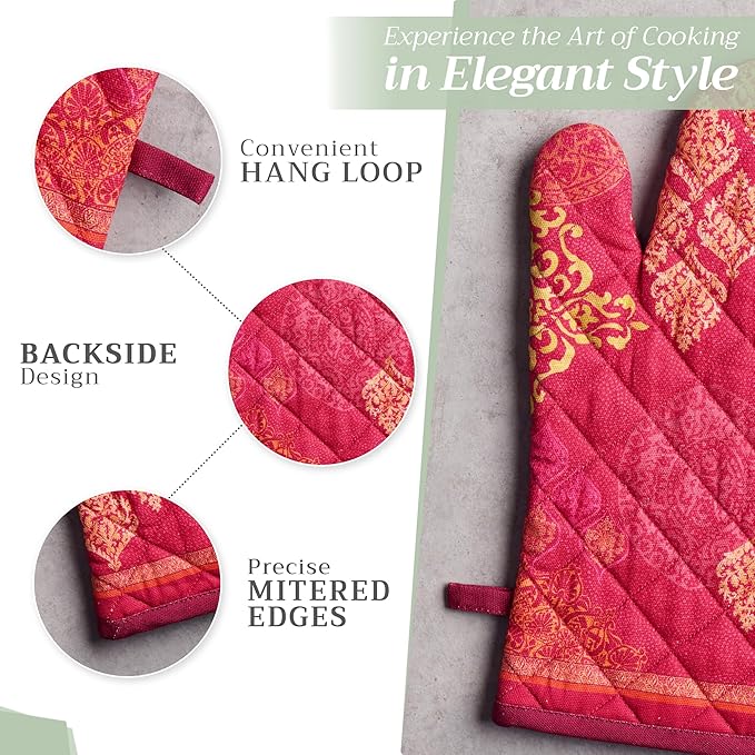 Maison d' Hermine 100% Cotton Oven Mitt & Pot Holder Set (7.5"x13" & 8"x8") Heat Resistant BBQ Cooking Gloves with Loop for Thanksgiving Christmas Decorations Handling Hot Pans (Versailles)