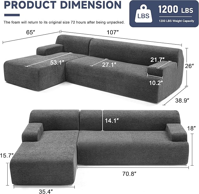 107" Modular Sectional Sofa, Boneless Couch Sponge Sectional Sofa for Living Room, High Density Sponges Cloud Couch,Modular L-Shape Sofa with Chaise, (DarkGary)