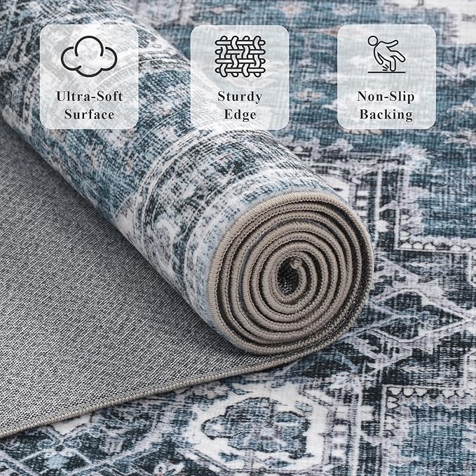 3x5 Vintage Area Rugs for Indoor Entrance Stain Resistant Washable Entryway Rug Ultra Soft Low Pile Lightweight Carpet Faux Wool Rugs for Living Room Bedroom Playroom Home Office