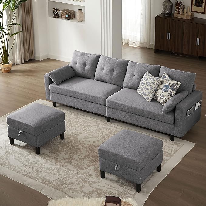 101" Convertible Sectional Sofa, Modern Linen Fabric U-Shaped Couch with 2 Storage Ottomans and Storage Pocket, 4 Seat Sofa Couches for Living Room, Apartment, Office, LightGrey