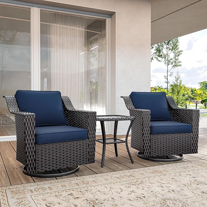 3 Pieces Wicker Patio Furniture, Luxury Outdoor Rattan Furniture with 2 Patio Swivel Chair,Side Table, Wide Armrest, Thickened Cushions, Ideal for Deck, Porch Use