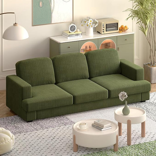 WiberWi 87 inch Couches for Living Room, Comfy 3 Seater Sofa with Deep Seat, Modern Green Corduroy Couch with Wide Armrests, Upholstered Backrests with Removable Cover