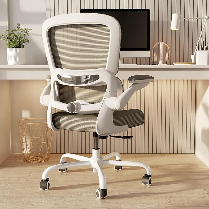 TRALT Ergonomic Office Chair - Desk Chair with Adjustable Lumbar Support Computer Chair - Mesh Comfy Chair with Flip-up Armrests - Gaming Chairs for Adults Home Office (Leather, Grey)