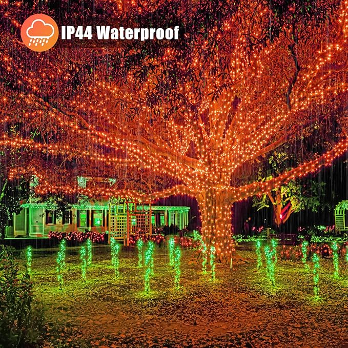 Vivideal 164ft 500 LED Orange Christmas Lights Outdoor Waterproof String Lights Indoor 8 Modes Clear Wire, Plug in Orange Christmas Light for Xmars Tree Bedroom Thanksgiving Decorations