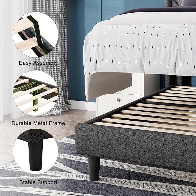 Feonase Twin Size Bed Frame with Charging Station, Upholstered Linen Bedframe with Wingback Headboard, Solid Wood Slats Support, No Box Spring Needed, Noise Free, Charcoal Grey