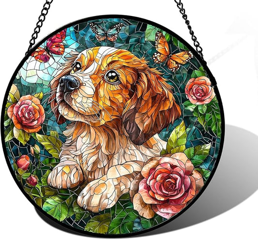 Stained Glass Window Hanging, Dog and Rose Suncatcher for Doors Home Butterfly Sun Catchers Decoration and Christmas, Mother's Day Birthday Gifts for Women, Men, and Mom 7.8 in