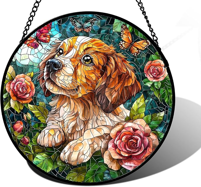 Stained Glass Window Hanging, Dog and Rose Suncatcher for Doors Home Butterfly Sun Catchers Decoration and Christmas, Mother's Day Birthday Gifts for Women, Men, and Mom 6.3 in