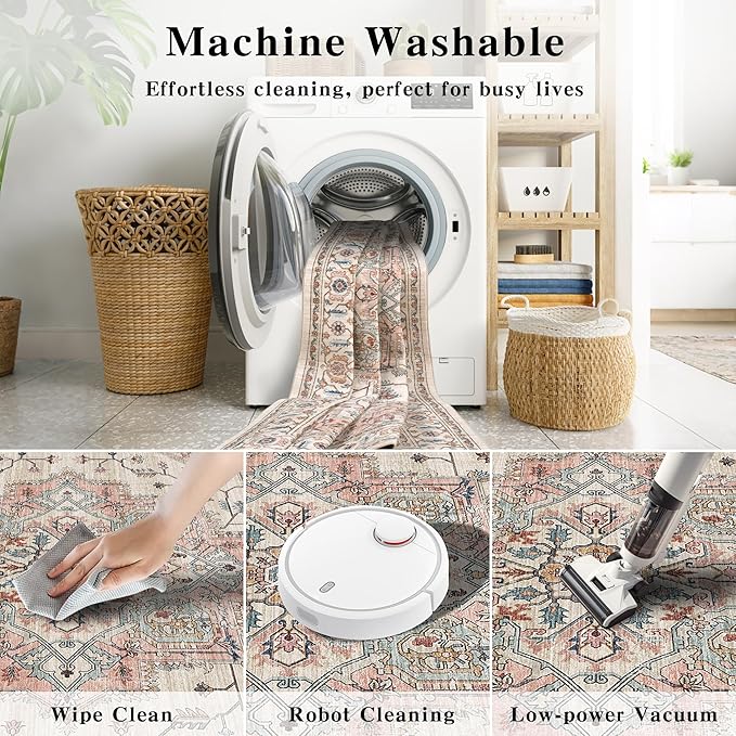 4x6 Area Rug for Bedroom Machine Washable Low Pile Vintage Distressed Rugs Stain Resistant Faux Wool Rug Ultra Soft Non-Slip Area Rugs for Living Room, Playroom, Kitchen,Home Office