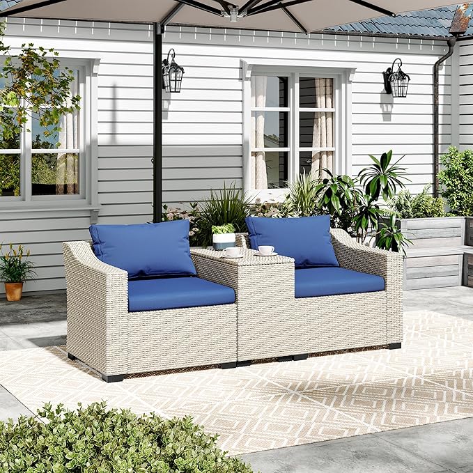 LHBcraft Patio Conversation Set Rattan Outdoor Sectional Furniture Sofa Set Wicker Couch with Coffee Table and Cushions for Poolside, Backyard (White-Blue, 3-PCS)